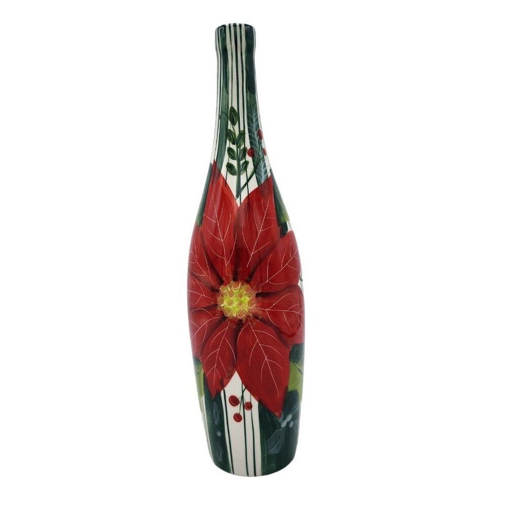 Nantucket Home Vintage Red Poinsettia Ceramic Bottle Vase Holiday Decor‎ 11.7"